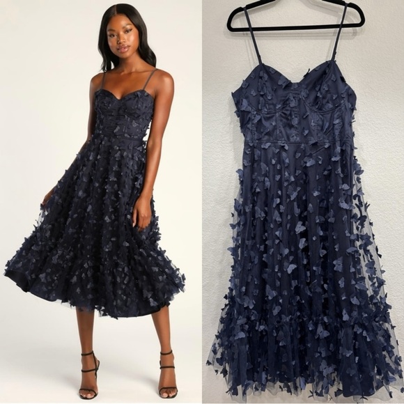 Size XL - NWOT Lulus Time to Fly Navy Blue Butterfly Lace-Up‎ Midi Dress - Picture 1 of 10